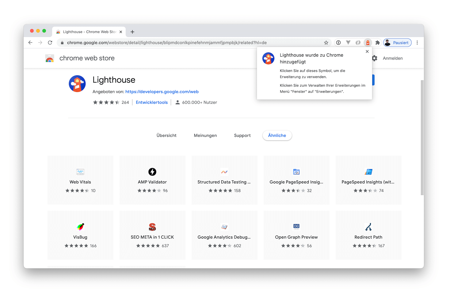 Screenshot nachdem Lighthouse in Chrome hinzugefügt wurde