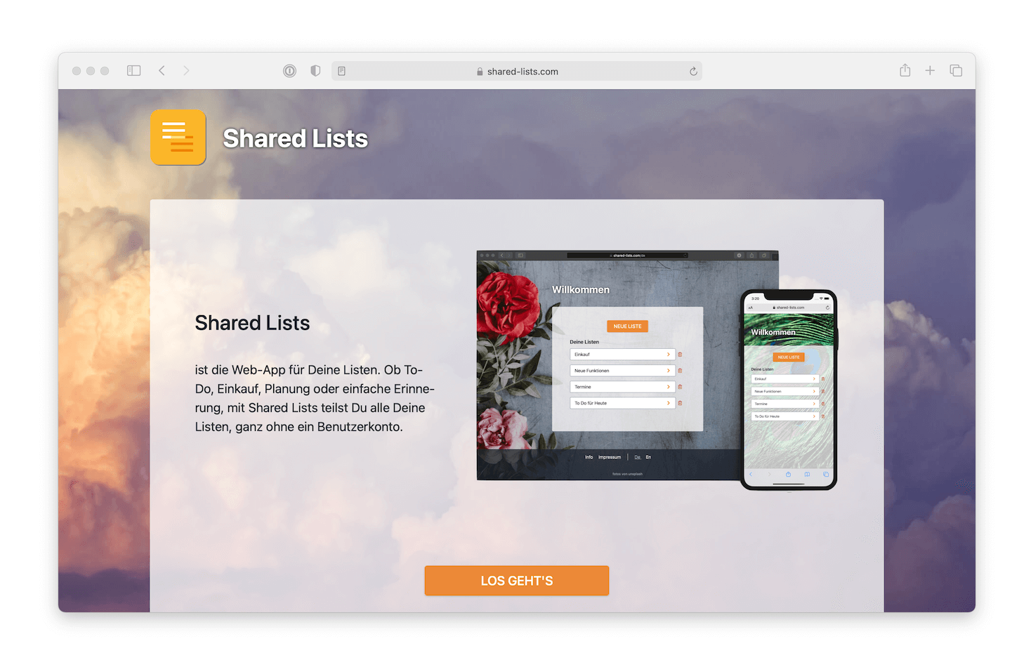 Screenshot of shared-lists.com website