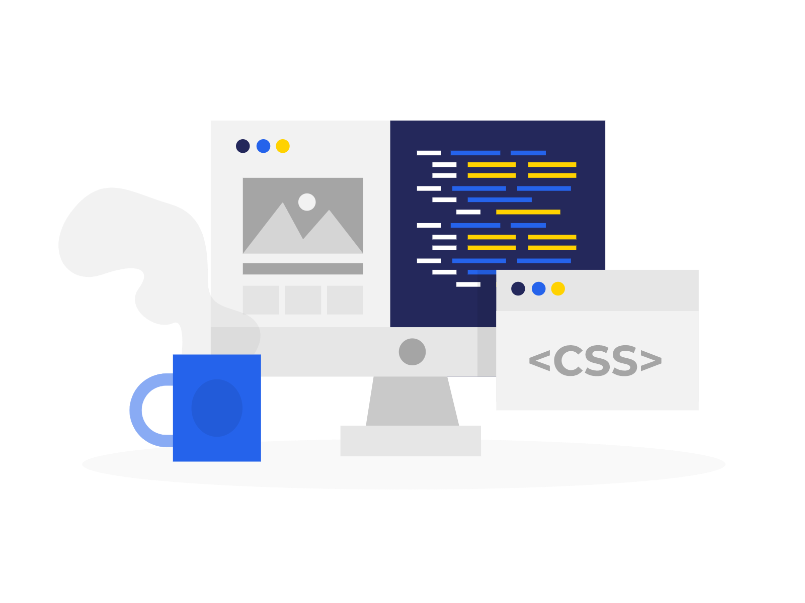 Illustration mit einer Tasse Kaffe im Vordergrung und Computer mit Webseiteninhalt und Webseitencode im Hintergrund